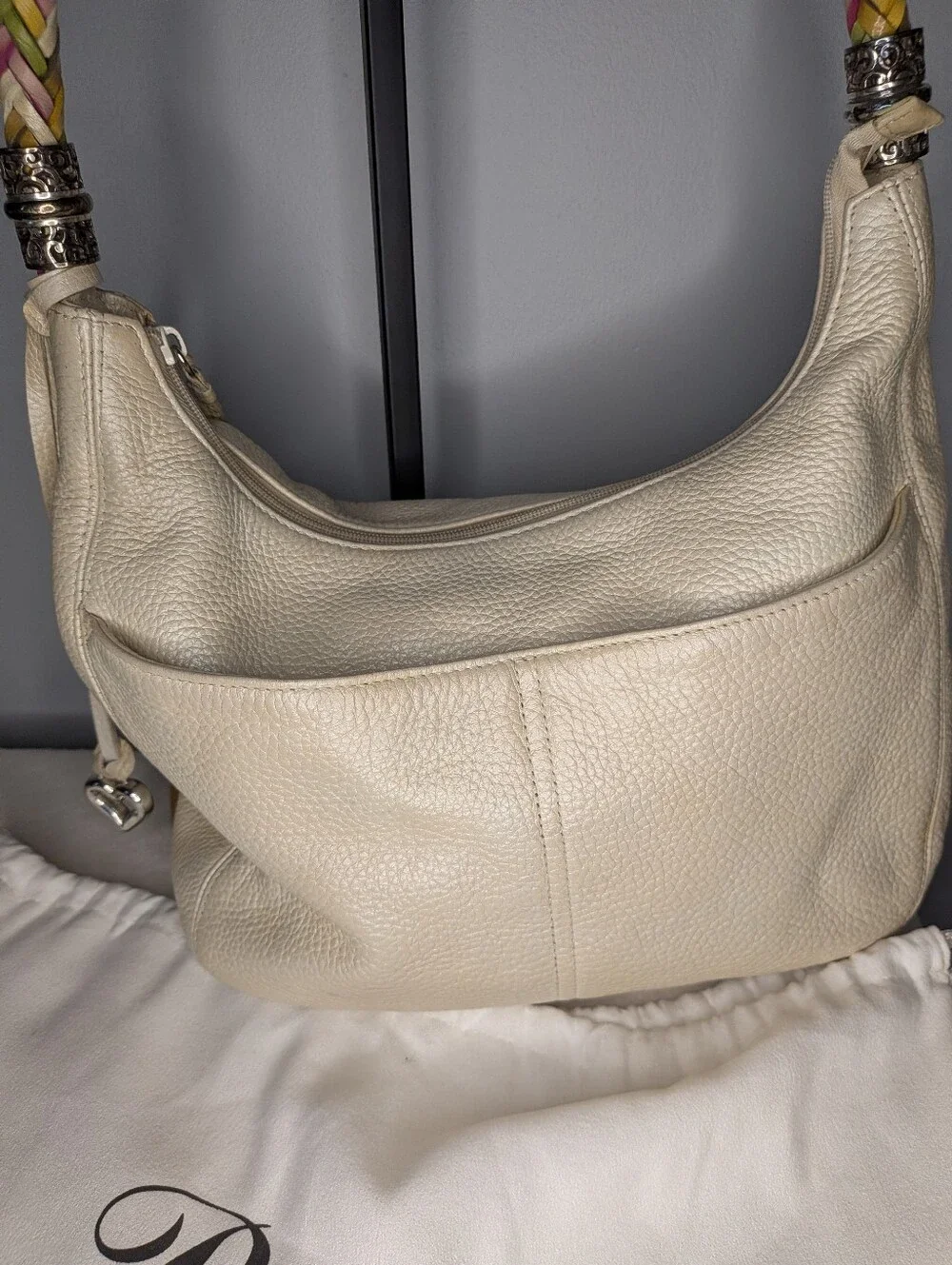 Brighton Ivory Leather Barbados Hobo Bag with Multicolor Braided Strap